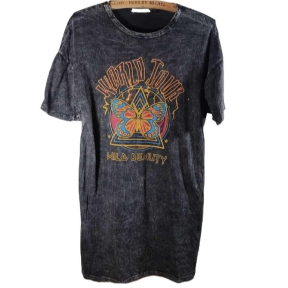 Distressed "WORLD TOUR" black grey grunge shirt dress or nighty oversized